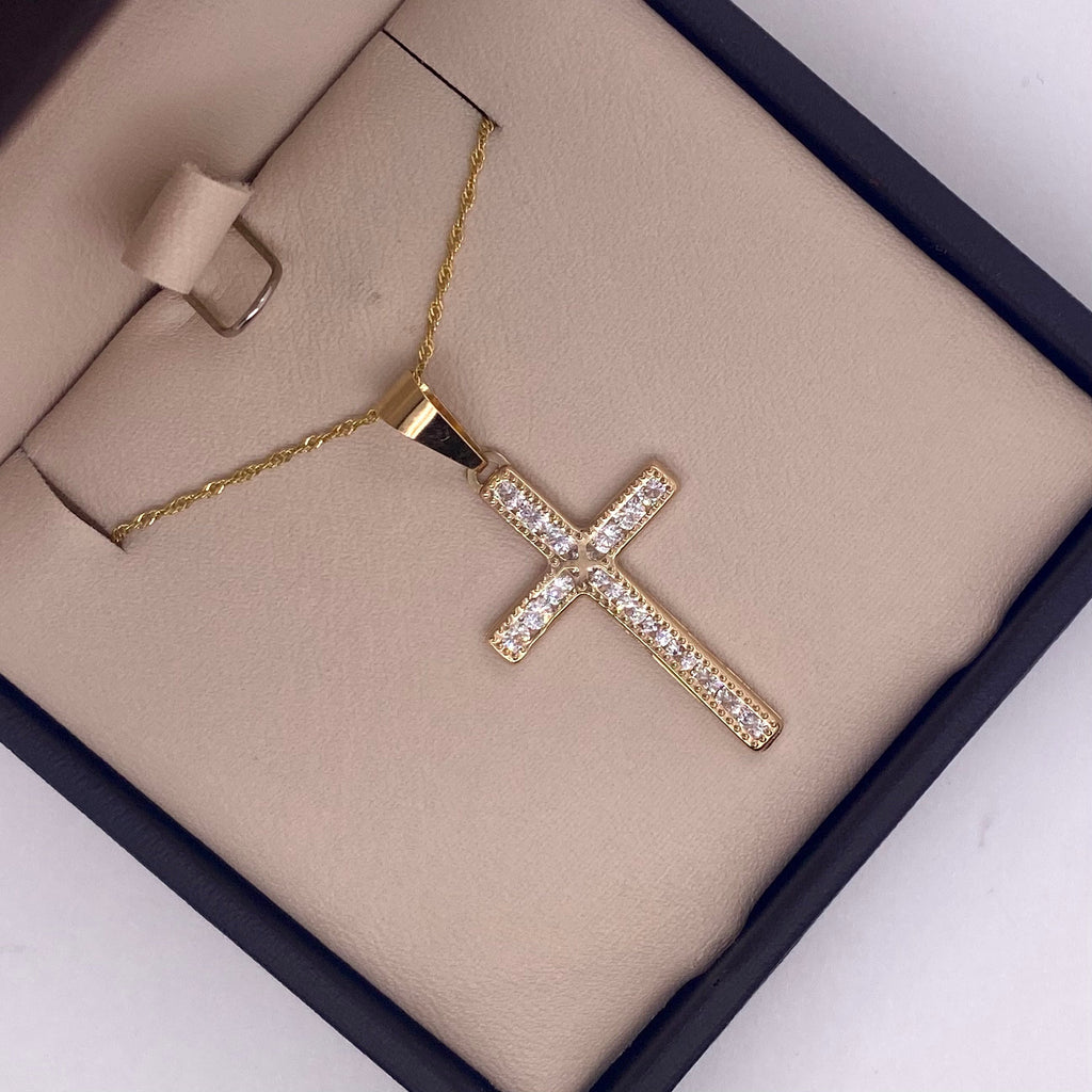 Cruz Oro 10k - Biselado con Zirconias 3.5 cm Alto