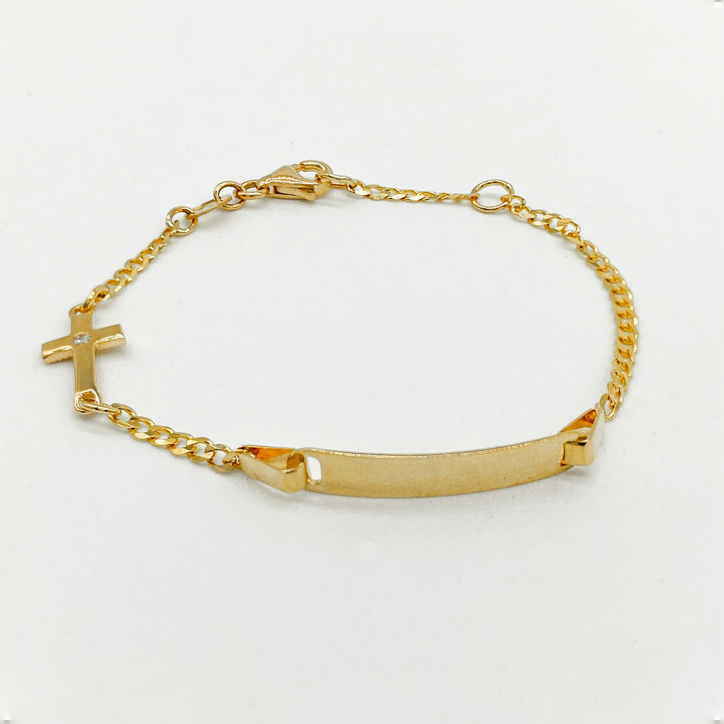 Esclava Oro 14k - Placa con Cruz, Ajustable de 12 a 14 cm