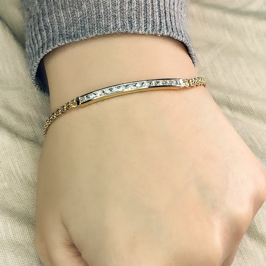 Esclava China Placa con Zirconias, 19 cm Largo, Ancho 3.5 mm, Oro 10k