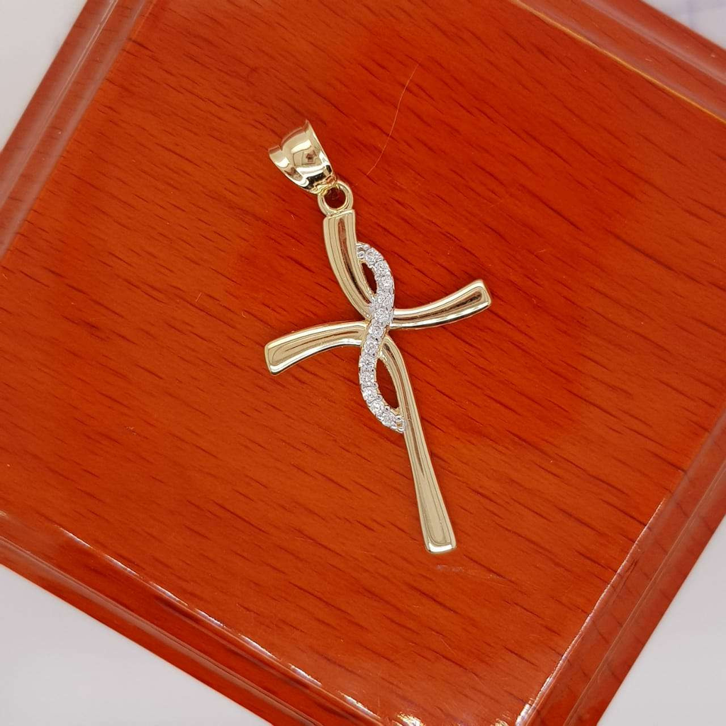Cruz Curveada con Zirconias - Oro 14k